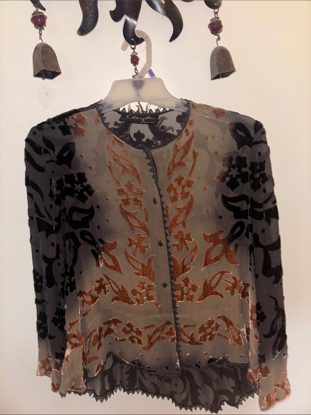 MARIAN CLAYDEN Button-Front Blouse in Black and Brown VINTAGE M
